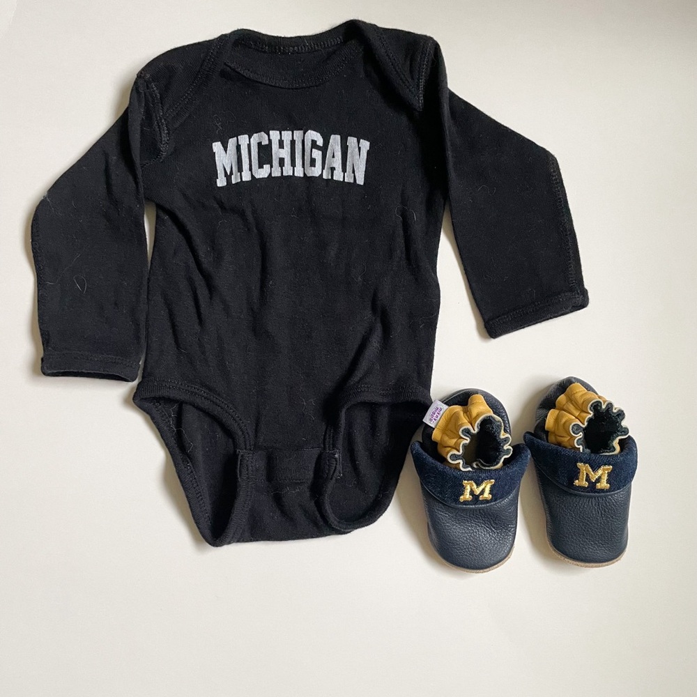 University Michigan Wolverines Baby Onesie 6 Month & Shoes 0-6 Month U of M Lot